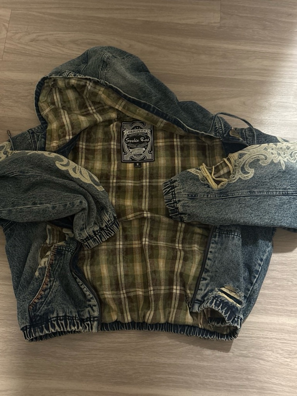 Men's Blue Denim Bomber Jacket with Plaid Lining